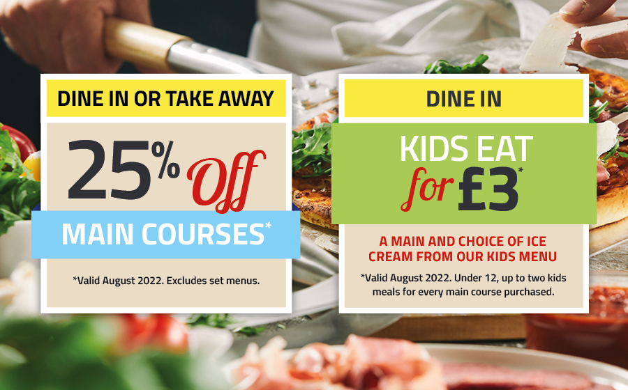 25% off main courses - kids eat for £3